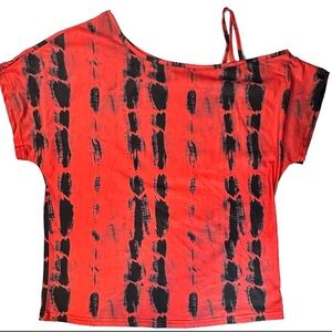 SHEIN Tie Dye Asymmetrical Neck Cut Out Tee Red Black Summer Top Casual Size Med